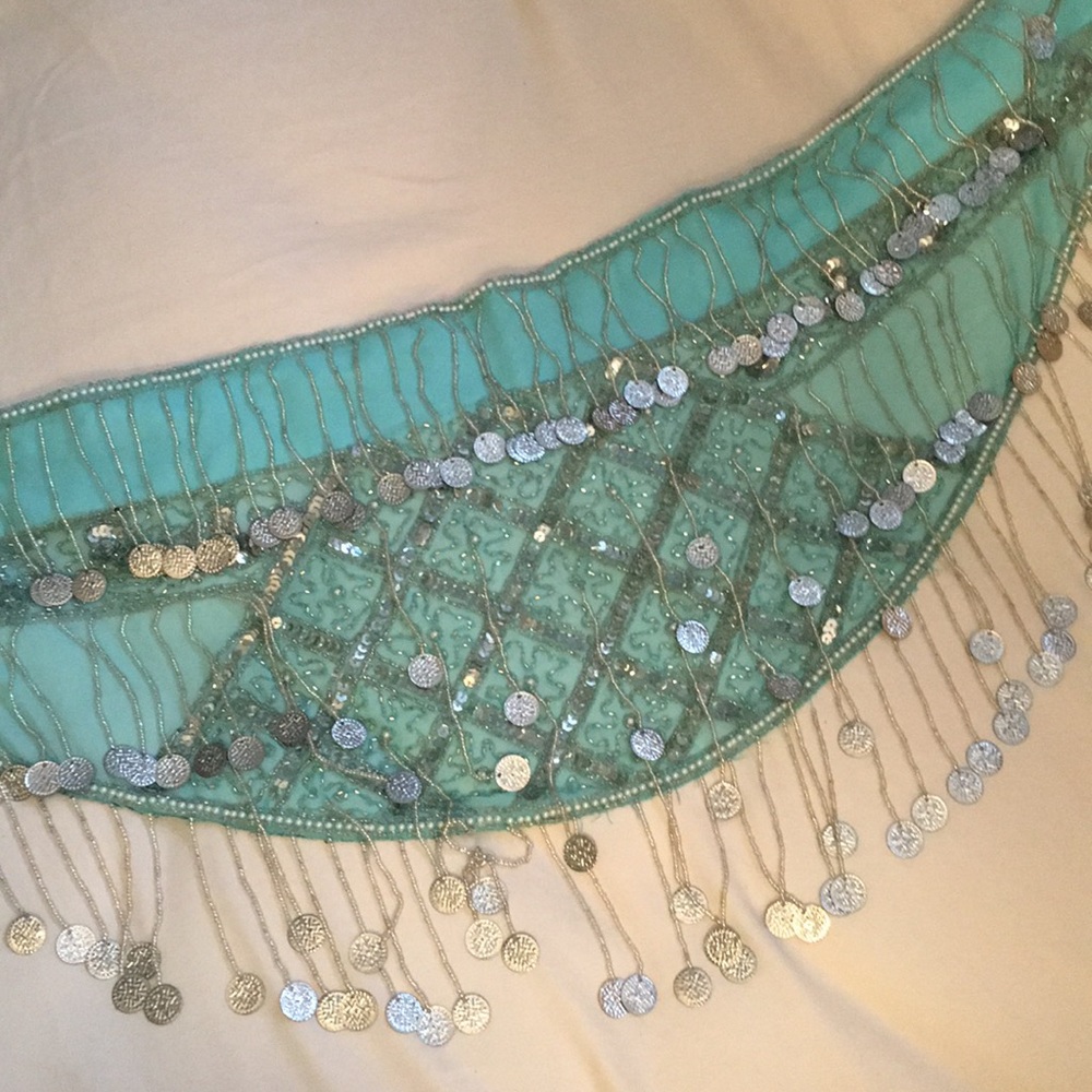 Light blue belly dance hip scarf with pearls
